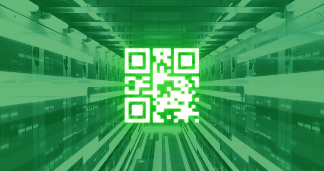 Green QR Code Amid Futuristic Data Center Environment