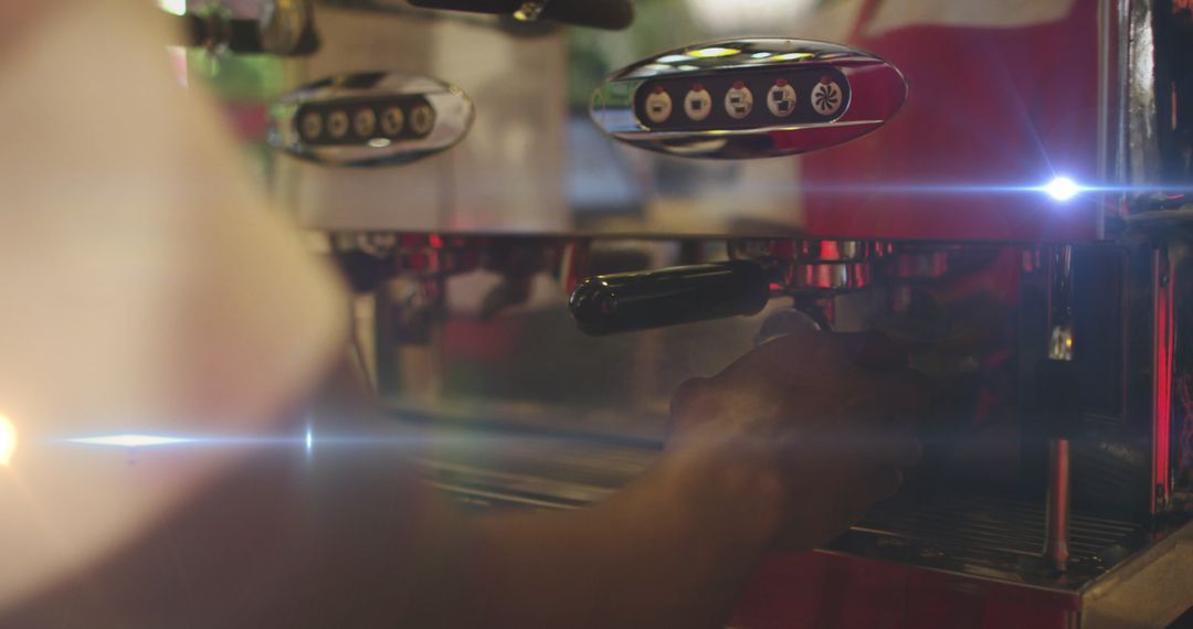 Professional Barista Operating Espresso Machine with Light Effects
