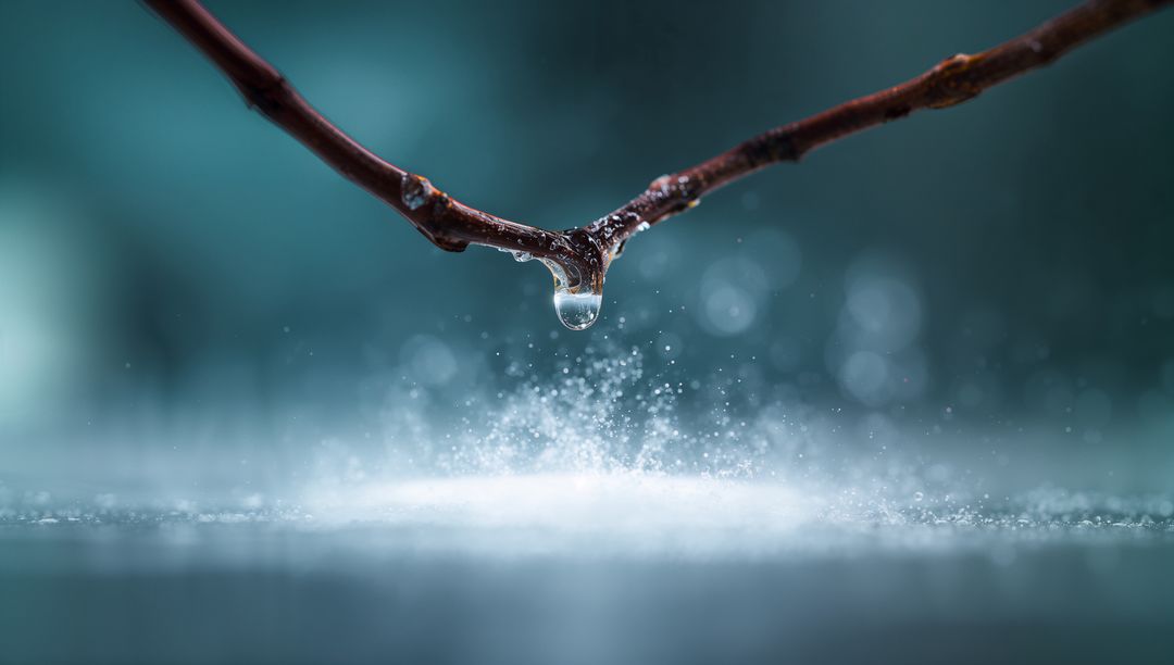 Serenity and Precision: Dew Drop on Branch Reflecting Nature