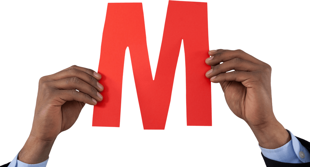 Transparent Hands Holding Red Letter M on White Background