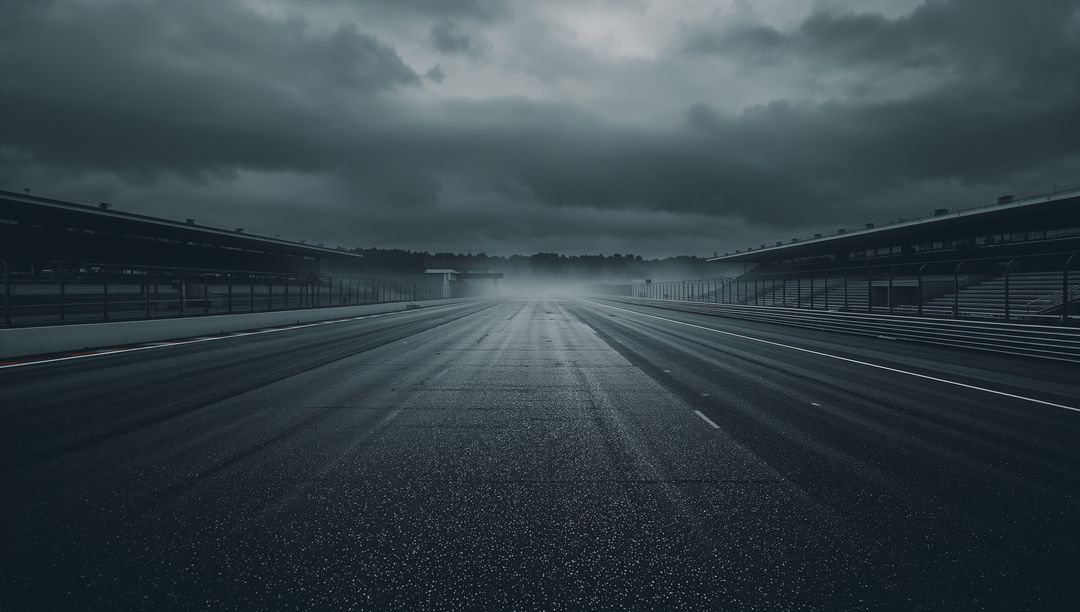 Moody Empty Racing Track with Wet Asphalt and Overcast Skies