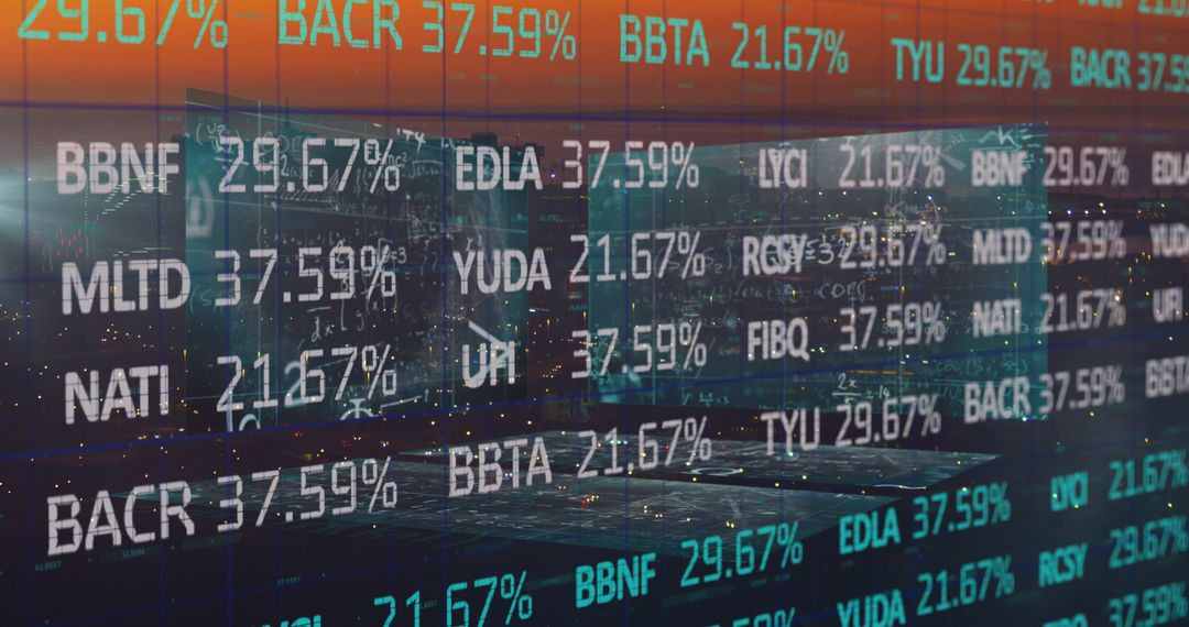 Financial Data Overlaying Futuristic Cityscape