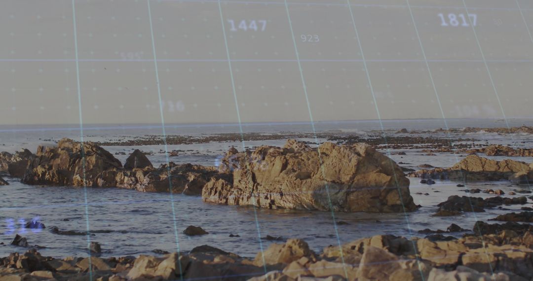 Coastal Landscape with Digital Grid Overlay Reflecting Navigation Technology