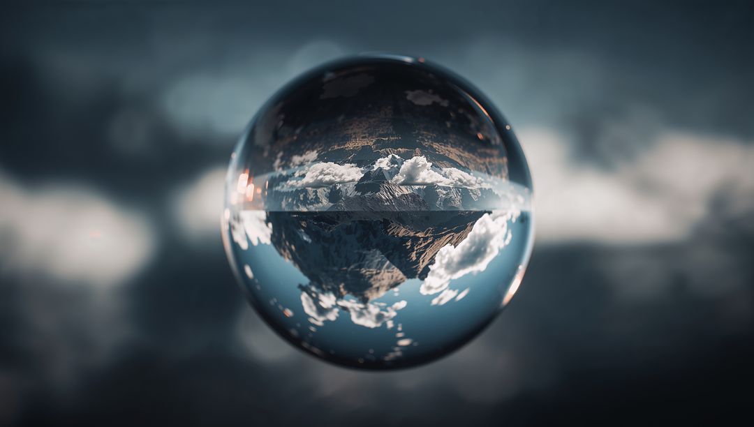 Floating Sphere with Inverted Mountain and Clouds in Surreal Atmosphere