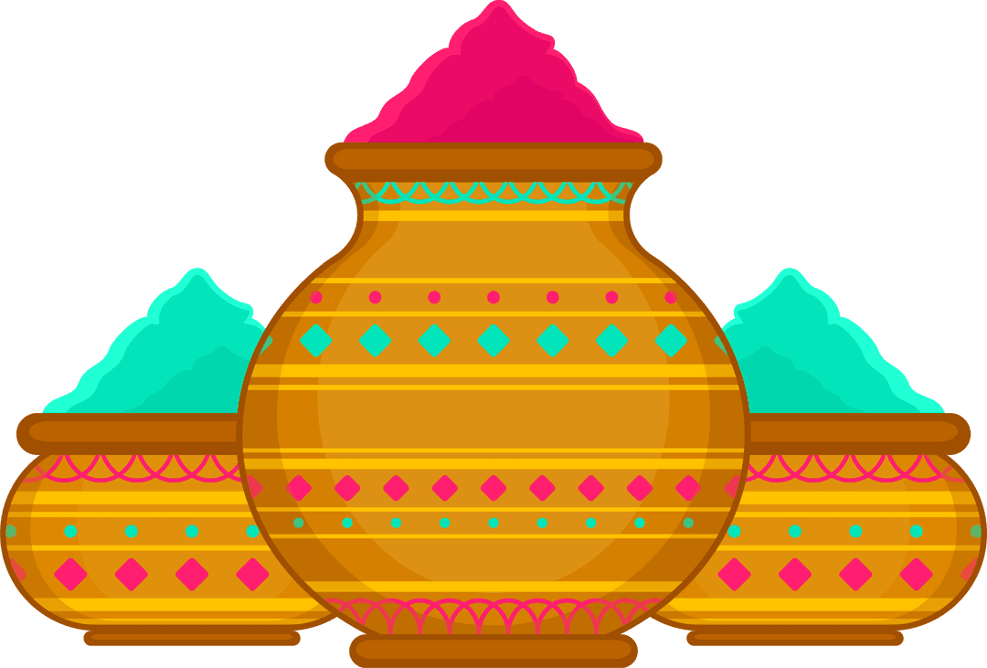 Colorful Holi Pots with Vibrant Pigment Powder on Transparent Background