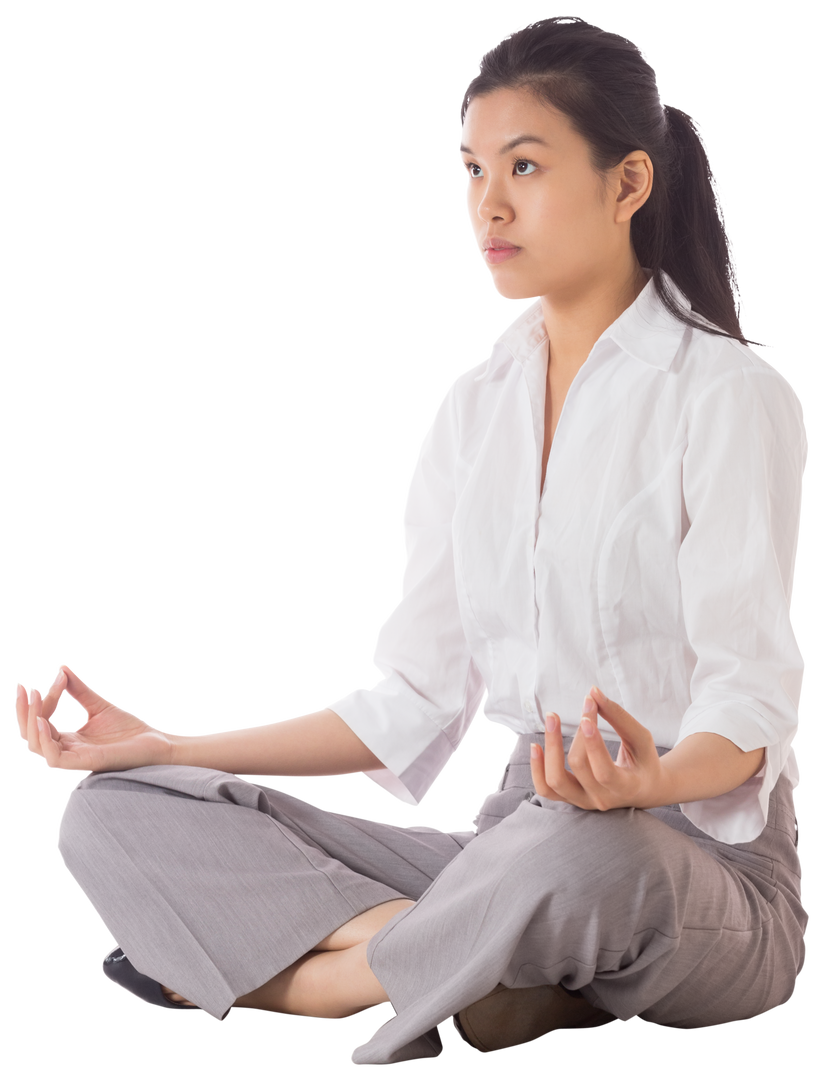 Transparent Businesswoman Meditating in Lotus Pose Peaceful Office Break - Download Free Stock Images Pikwizard.com