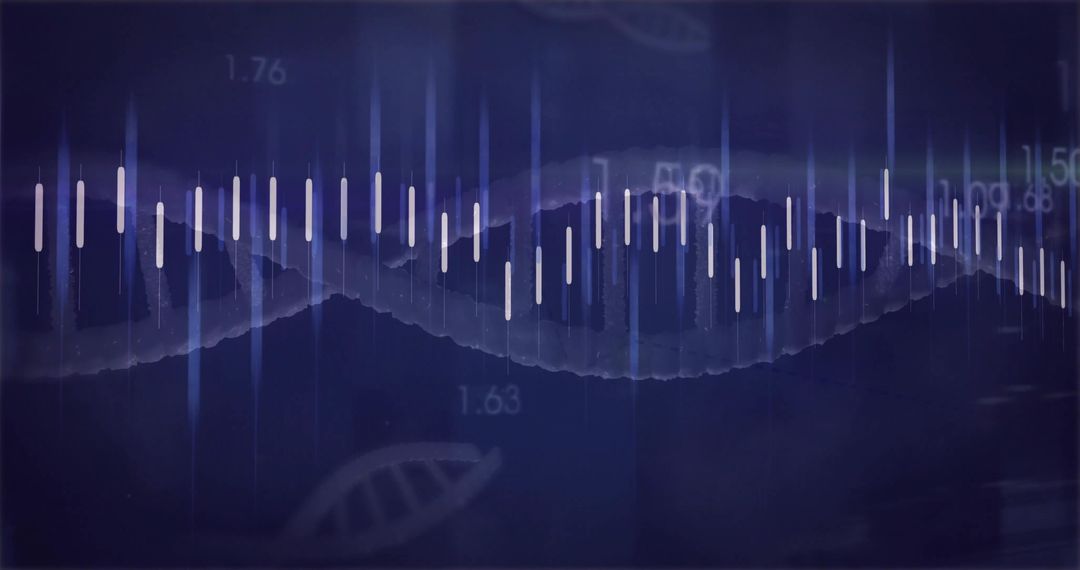 Abstract DNA Waveform with Bar Chart Overlay Against Purple Theme