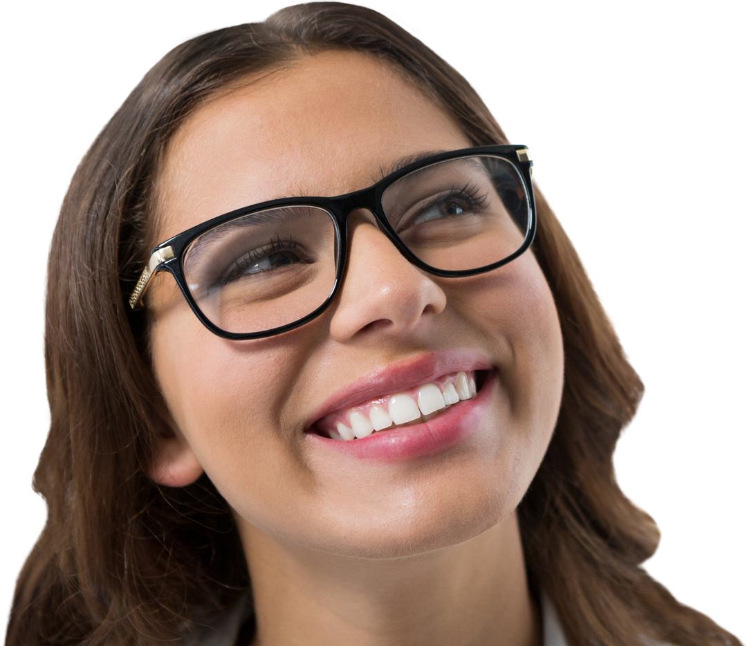 Happy Woman with Glasses Smiling and Looking Away on Transparent Background - Download Free Stock Images Pikwizard.com