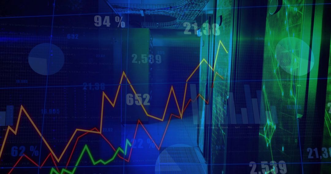 Futuristic finance dashboard overlaying datacenter racks with neon charts and metrics