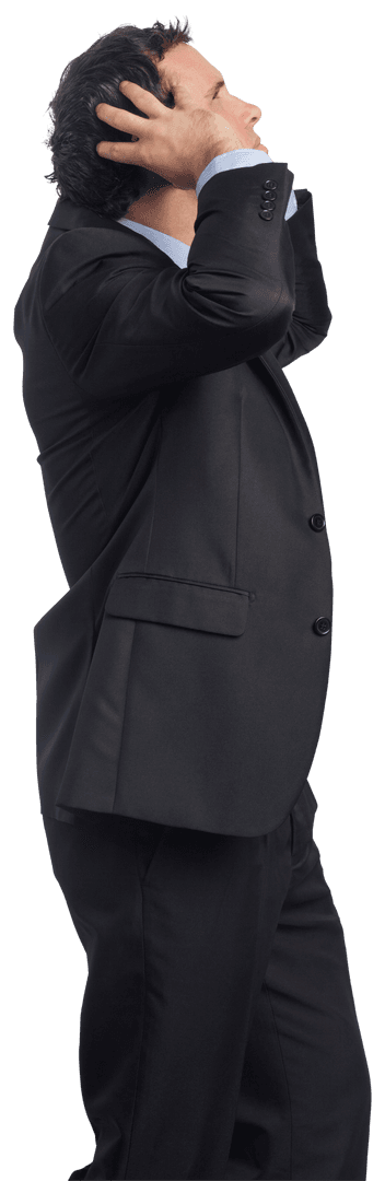 Transparent View: Stressed Businessman Holding Head in Hands