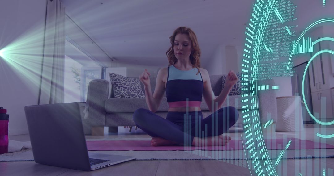 Woman Doing Yoga with Virtual Reality Interface at Home