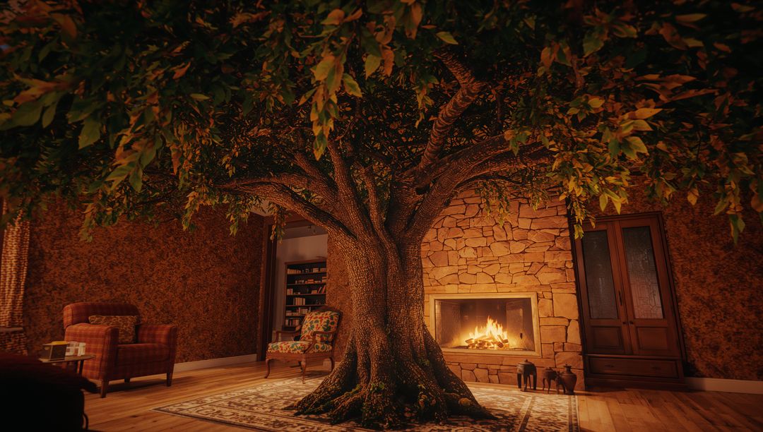 Gnarled Tree Indoors Scene with Fireplace Harmony