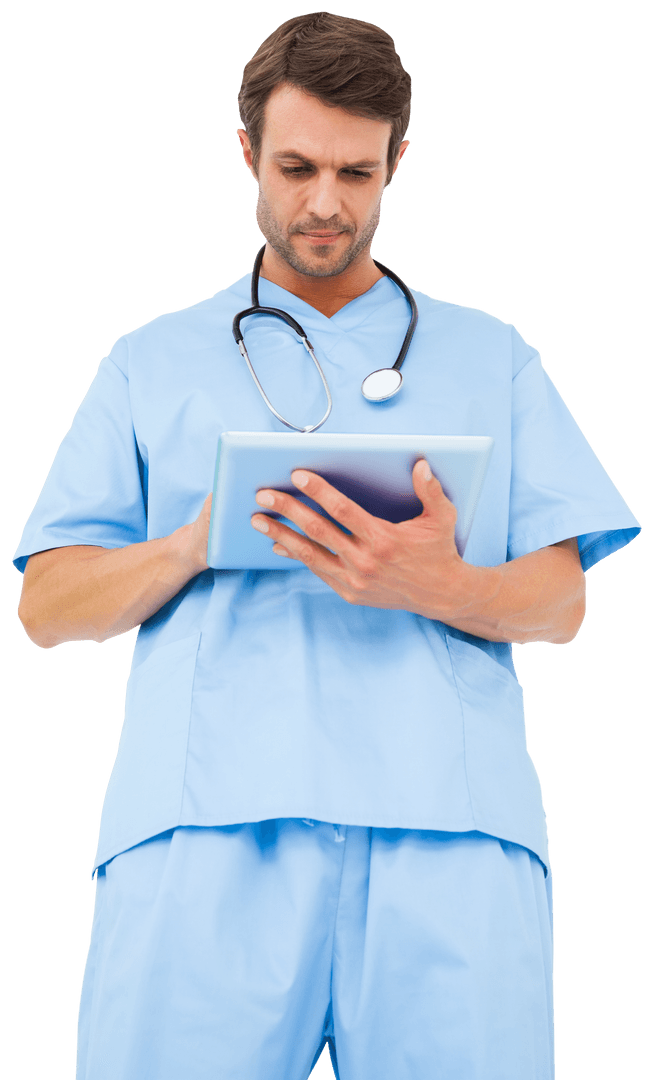 Transparent Doctor Wearing Light Blue Scrubs Using Tablet