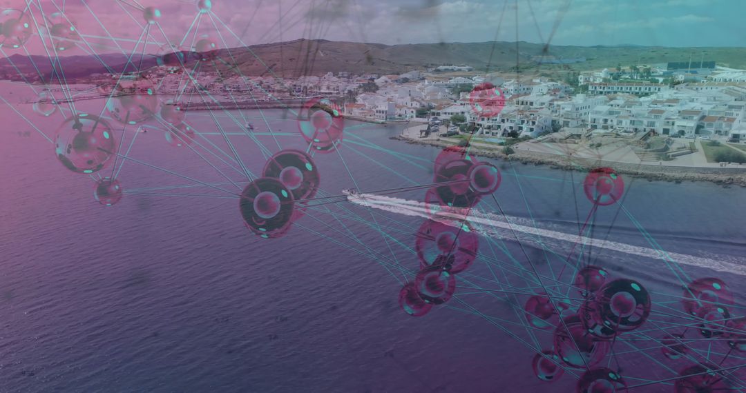 Futuristic Maritime Voyage Near Scenic Hillside Town