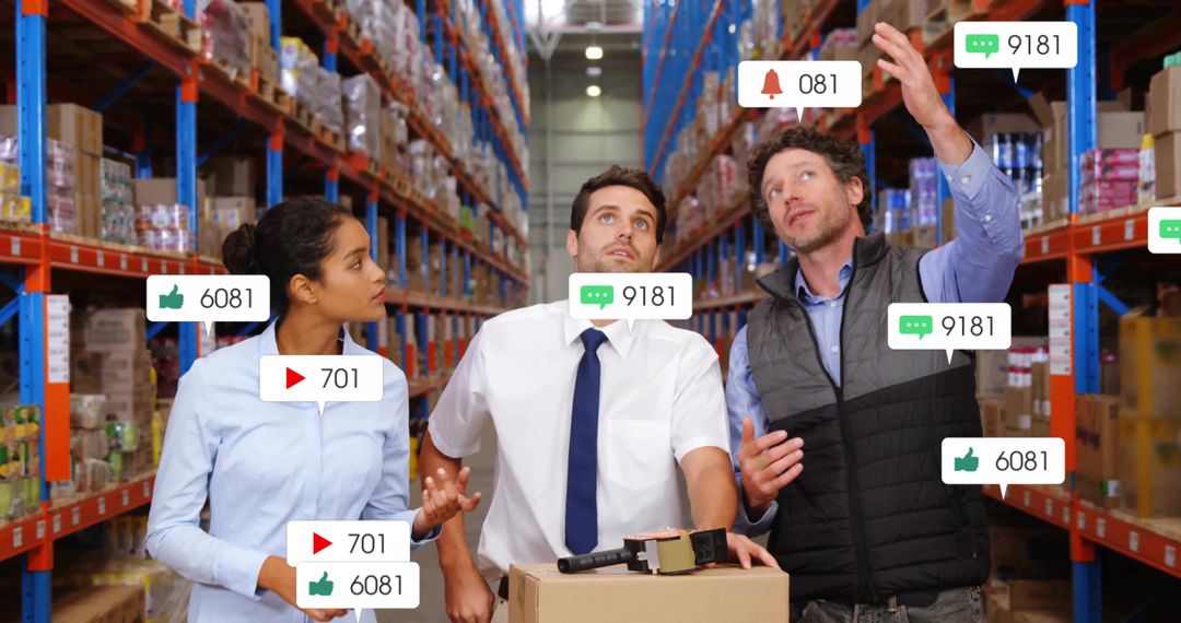 Warehouse Team Discussing Logistics with Interactive Digital Interface