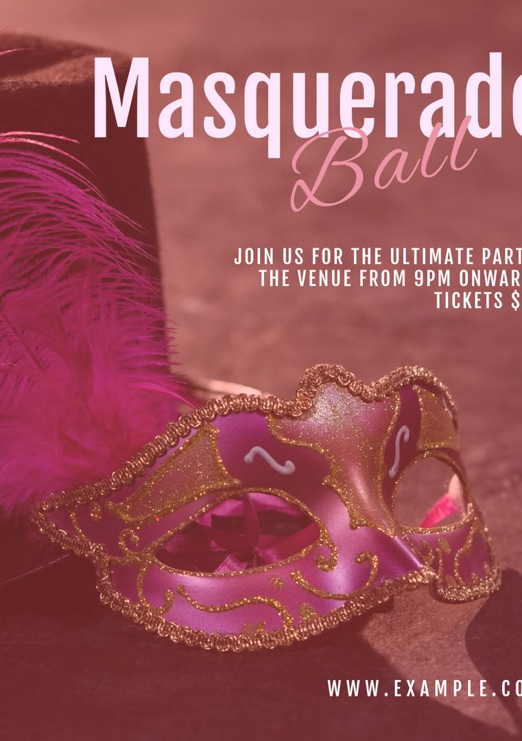 Elegant Masquerade Ball Invitation with Pink Feather Mask and Top Hat - Download Free Stock Templates Pikwizard.com