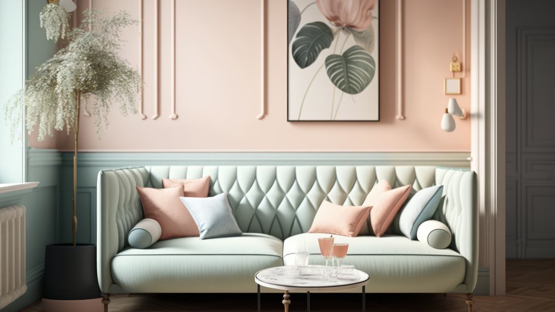 Elegant Modern Living Room with Mint Sofa and Pastel Decor - Download Free Stock Templates Pikwizard.com