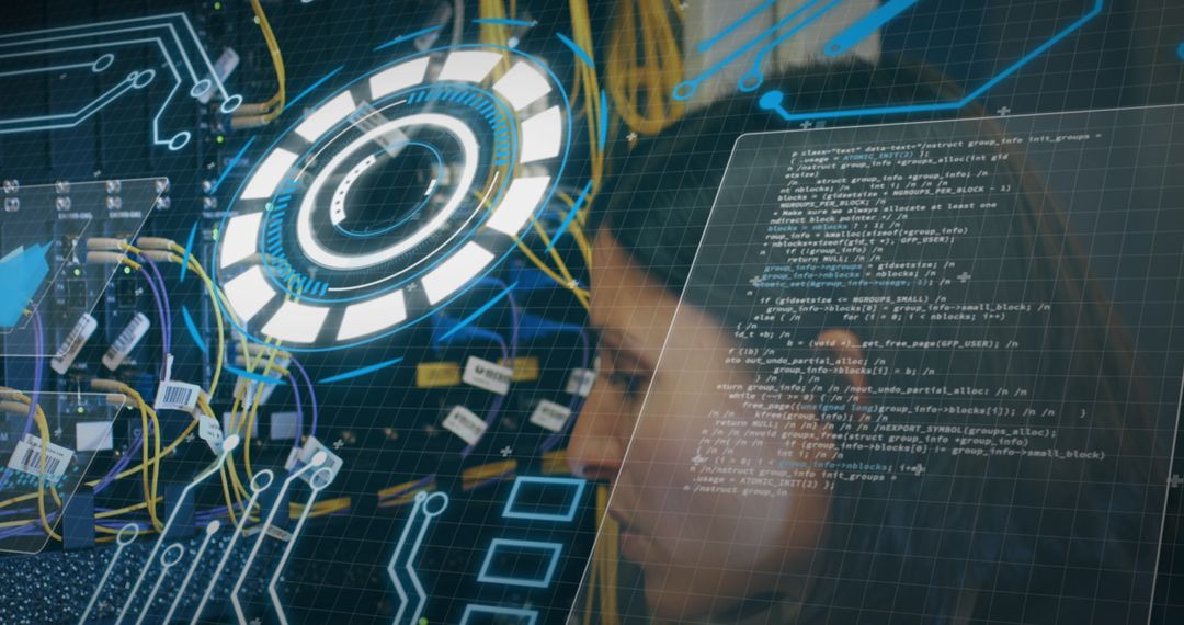 Woman Analyzing Server with Digital Overlay and Code Visualization