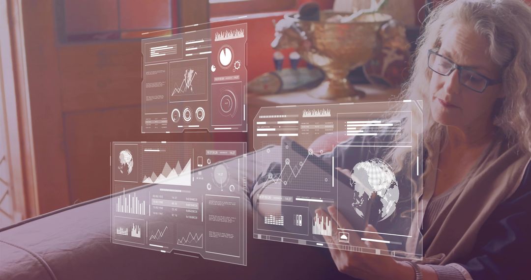 Woman Using Tablet with Holographic Graphs at Home