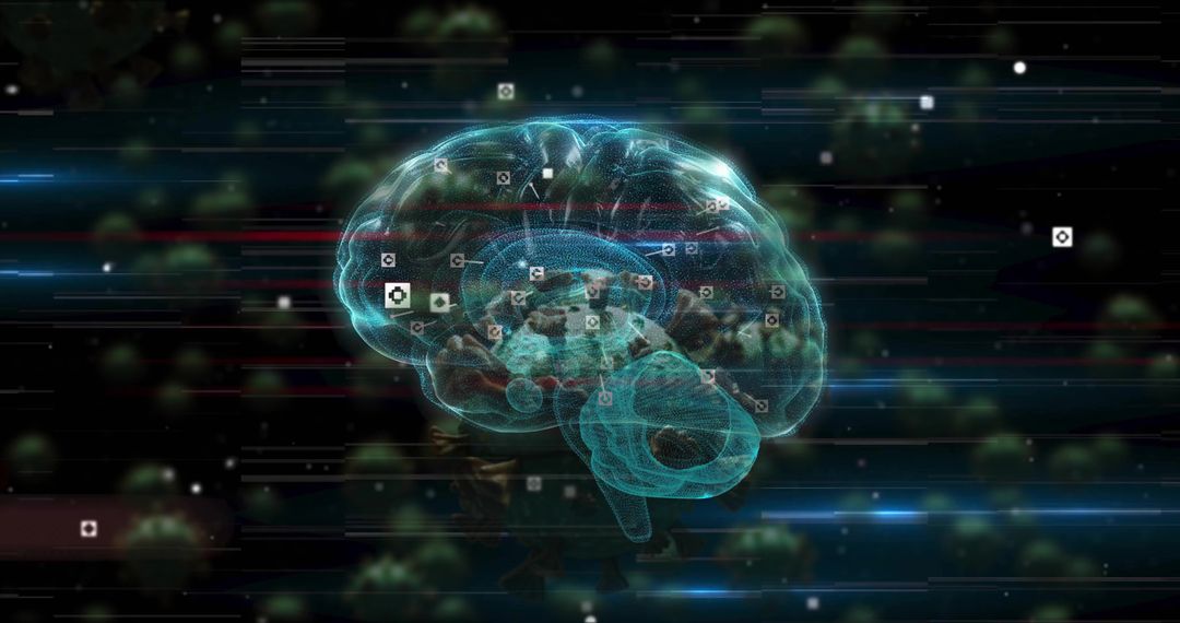 Holographic Brain with Data Icons in Futuristic Virtual Space