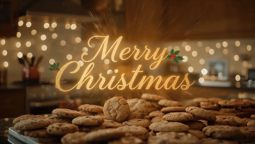 Merry Christmas script glowing over cooling chocolate chip cookies on baking rack