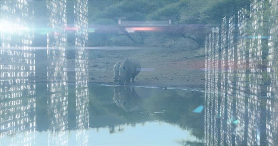 Rhinoceros in Primeval Landscape Merges with Digital Realm