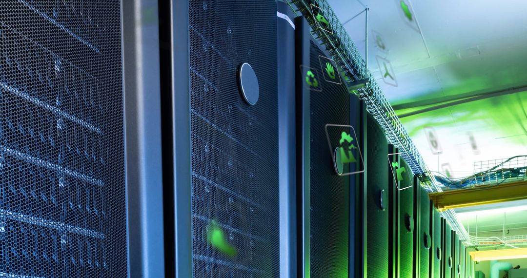 Sustainable Technology with Green Eco Icons and Computer Servers
