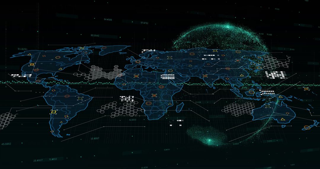 Digital World Map with Global Network Connections and Data