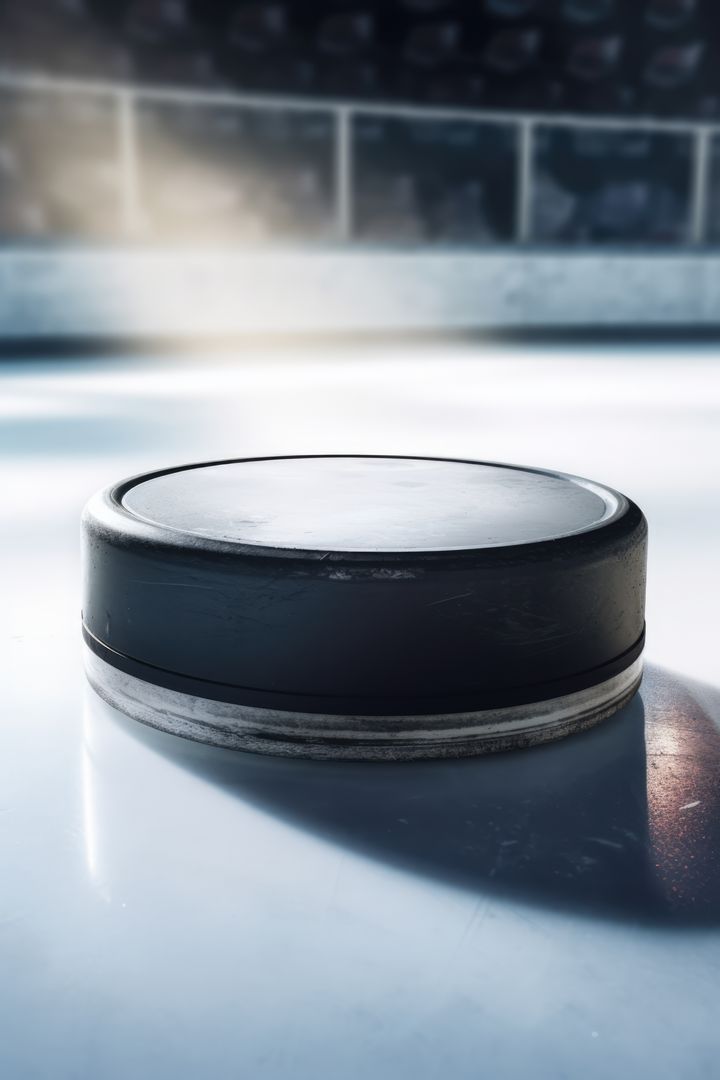 A close-up of a hockey puck on ice, illuminated by sunlight - Free Images, Stock Photos and Pictures on Pikwizard.com