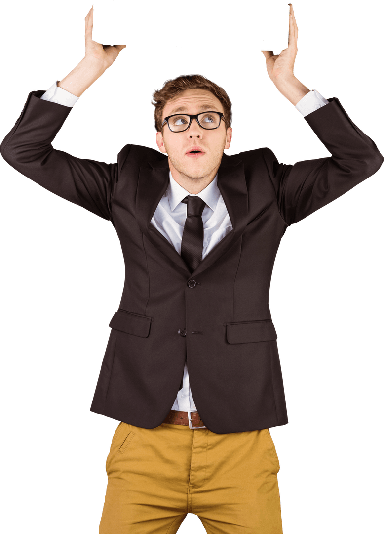 Caucasian Businessman Holding Virtual Object on Transparent Background