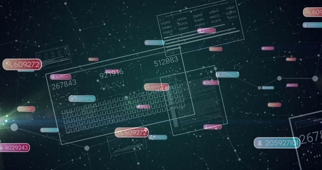 Futuristic Network Grid with Keyboard Blueprint and Data Nodes