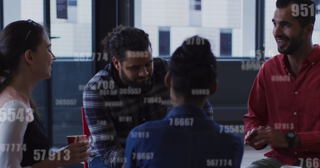 Diverse Team Engaging in Collaborative Brainstorming Session with Technology Overlay