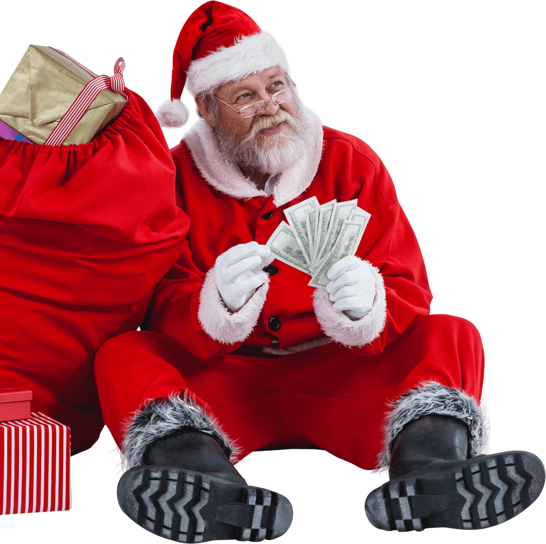 Transparent Santa Claus Counting Money with Gift Sack