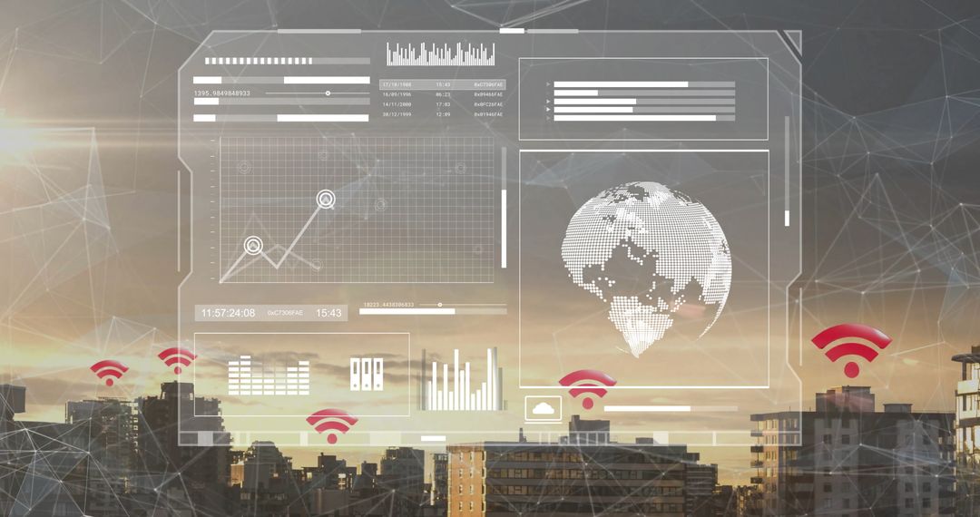 Futuristic HUD with Graphs and Wi-Fi Icons Above Urban Skyline