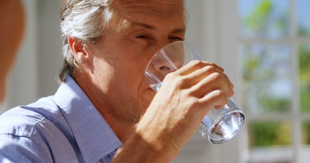 A middle-aged Caucasian man is drinking a glass of water, with copy space - Free Images, Stock Photos and Pictures on Pikwizard.com