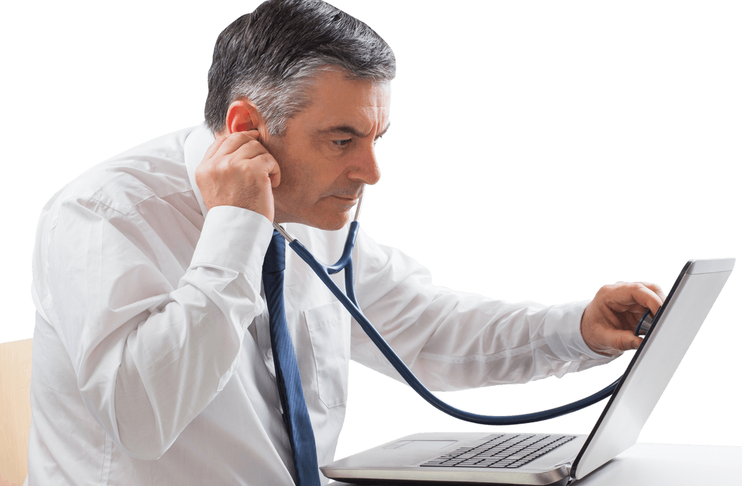 Mature Businessman Using Stethoscope with Laptop Transparent Background