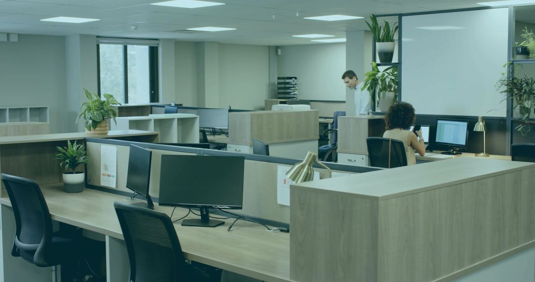 Employees Collaborating in Modern Open-Plan Office Workspace
