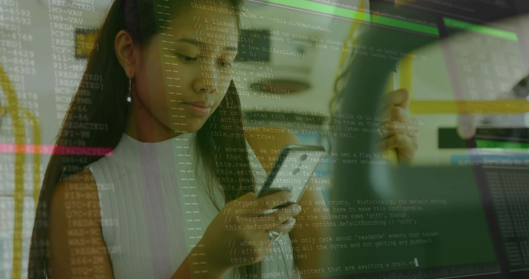 Female Developer Engaging with User Interface Code on Smartphone