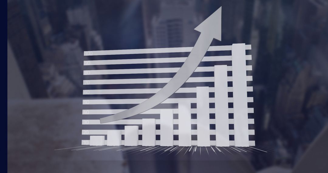 3D Bar Graph with Upward Arrow over Cityscape Background