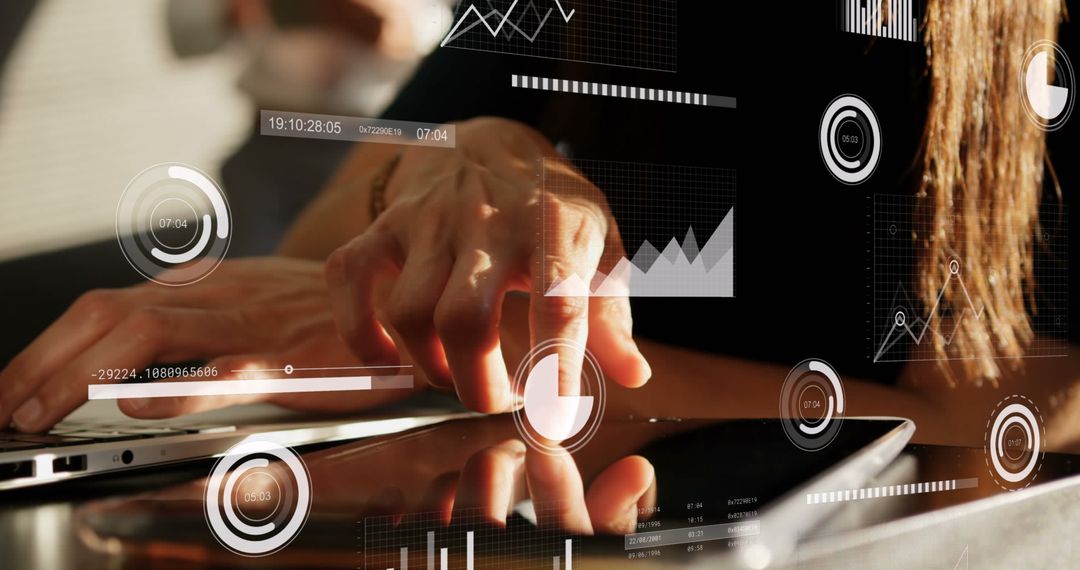 Businesswoman Analyzing Data on Laptop with Interactive Graphics