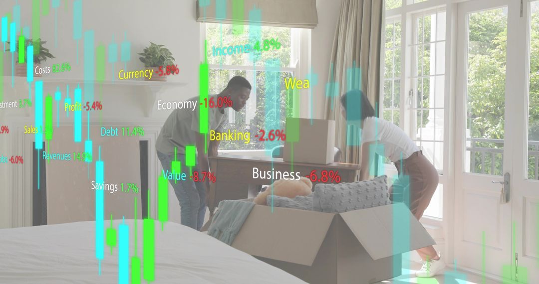 Couple Unpacking Boxes in Bright Bedroom with Financial Graph Overlays for Moving and Teamwork