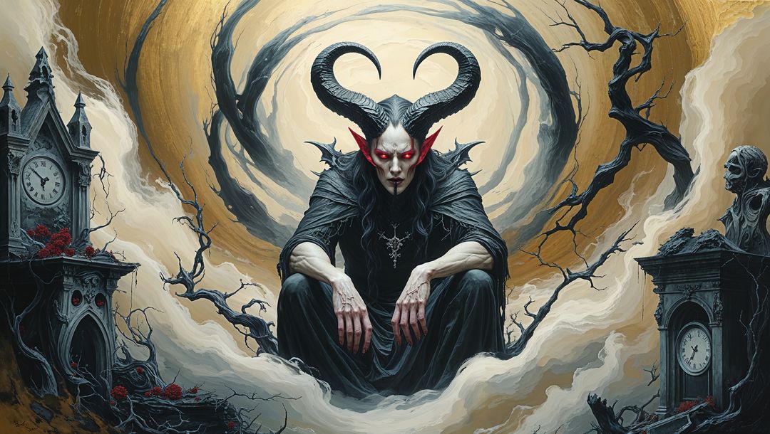 Satan demon in netherworld vortex with gothic clock towers