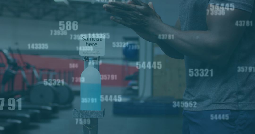 Man Using Hand Sanitizer in Gym During Pandemic with Fading Numbers
