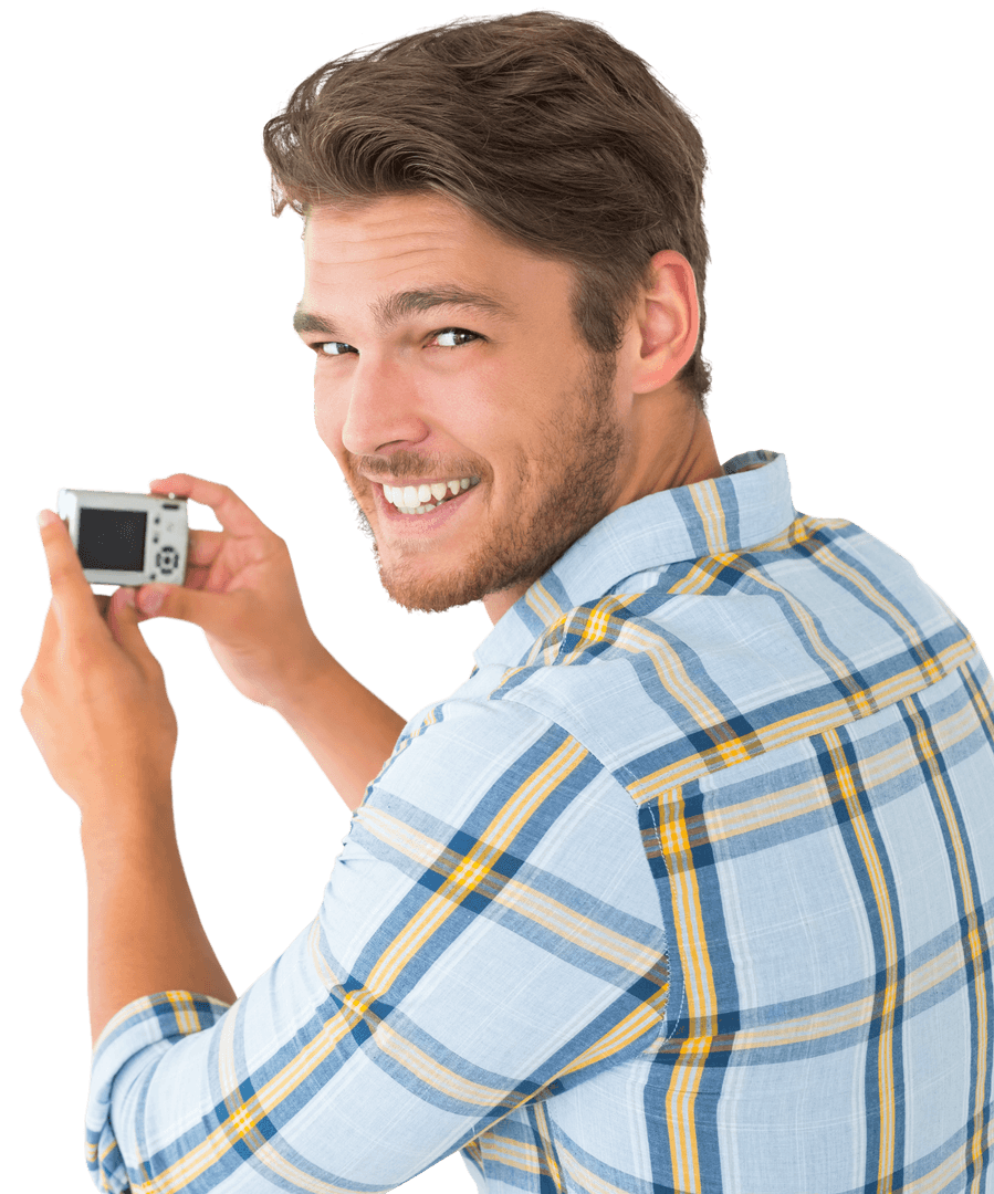 Smiling Man in Plaid Shirt Holding Camera on Transparent Background