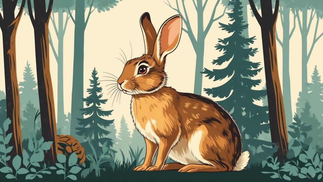 Illustrative wild cottontail rabbit in lush forest clearing