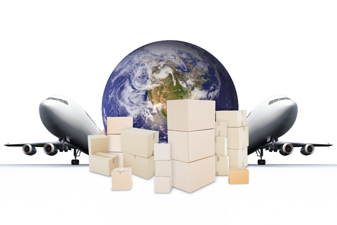 Transparent Digital Illustration of Globe, Airplanes, and Boxes for Online Shopping Concept - Download Free Stock Images Pikwizard.com