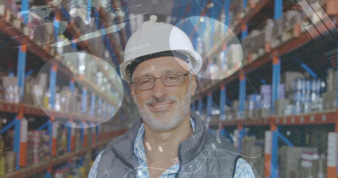 Warehouse Manager Smiling in Industrial Facility with Digital Overlay - Free Images, Stock Photos and Pictures on Pikwizard.com