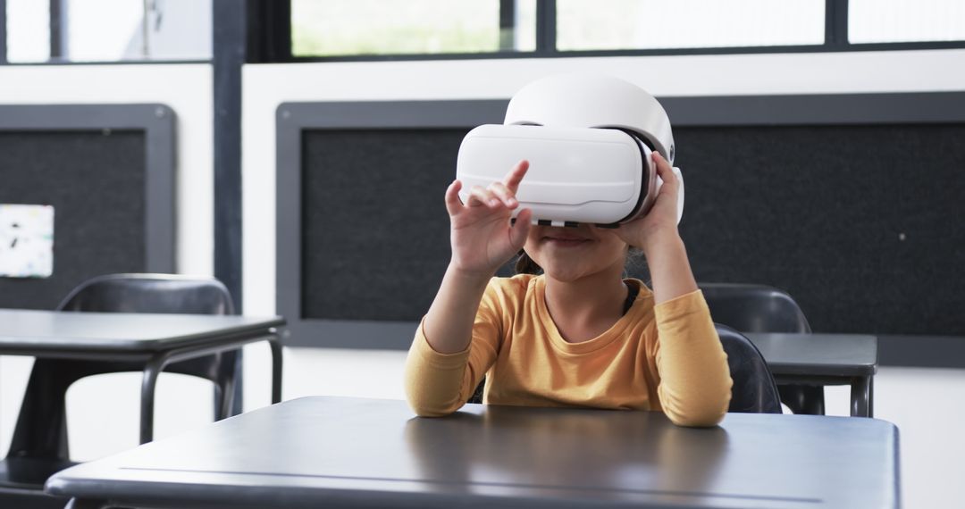Young Student Engaging with Virtual Reality Technology in Classroom