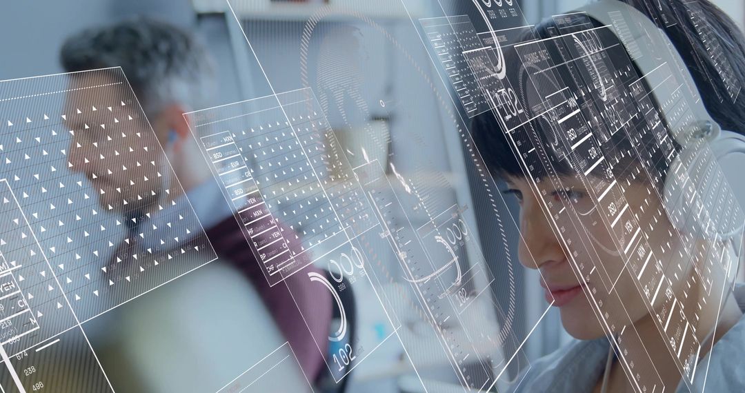 Woman with Headset Analyzing Holographic Data in Modern Office