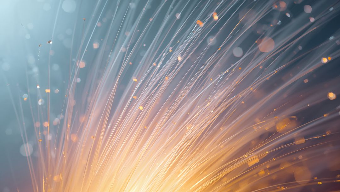 Glowing Fiber Optic Light Burst in Amber and Teal, Radiant Strands and Floating Bokeh